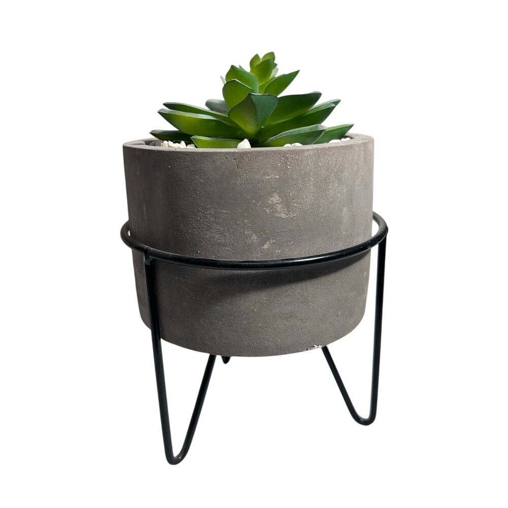 Cement Planter with Black Stand and Faux Succulent